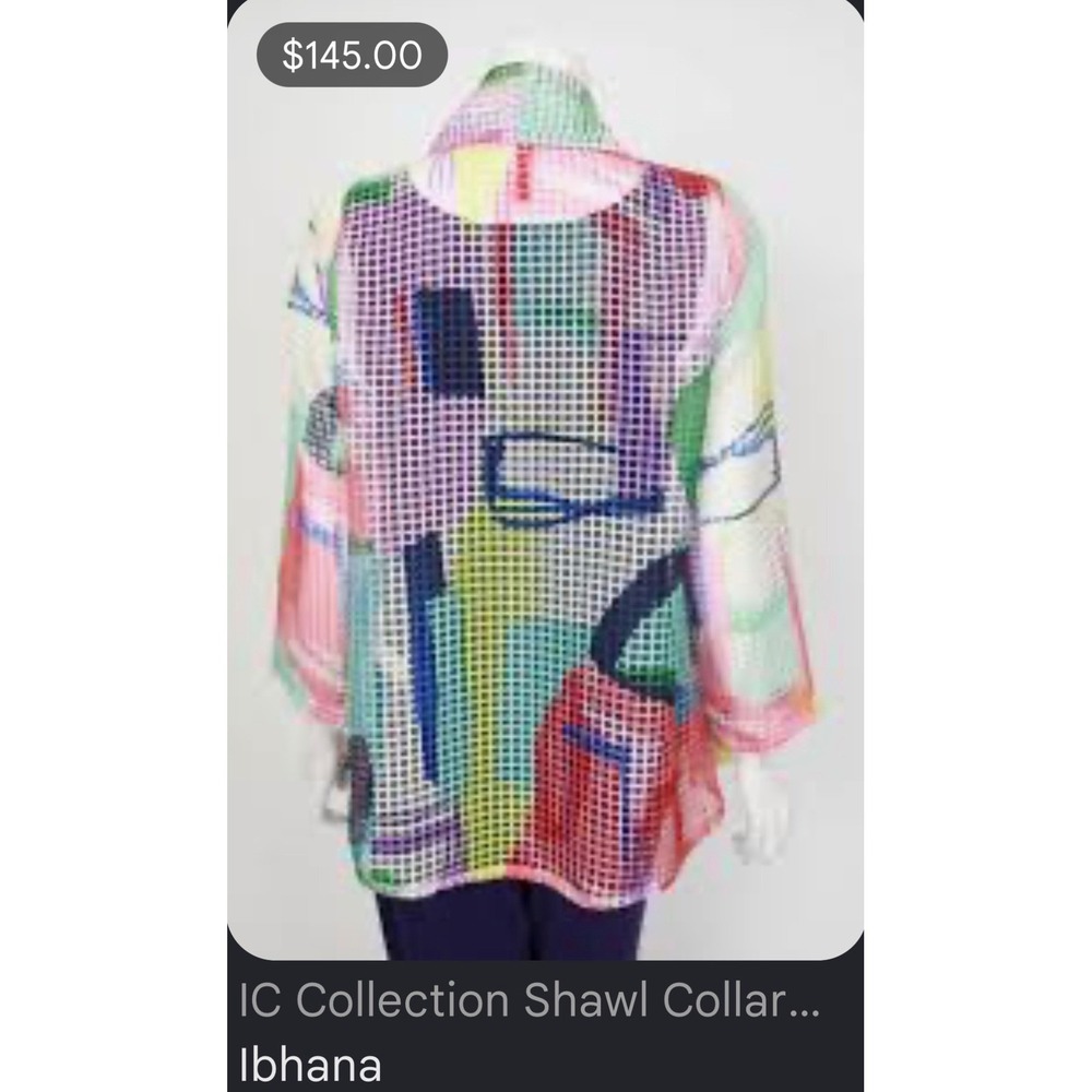 IC Collection Women Multicolor Abstract Mesh Grid Cowl Neck Bell Sleeve Tunic S